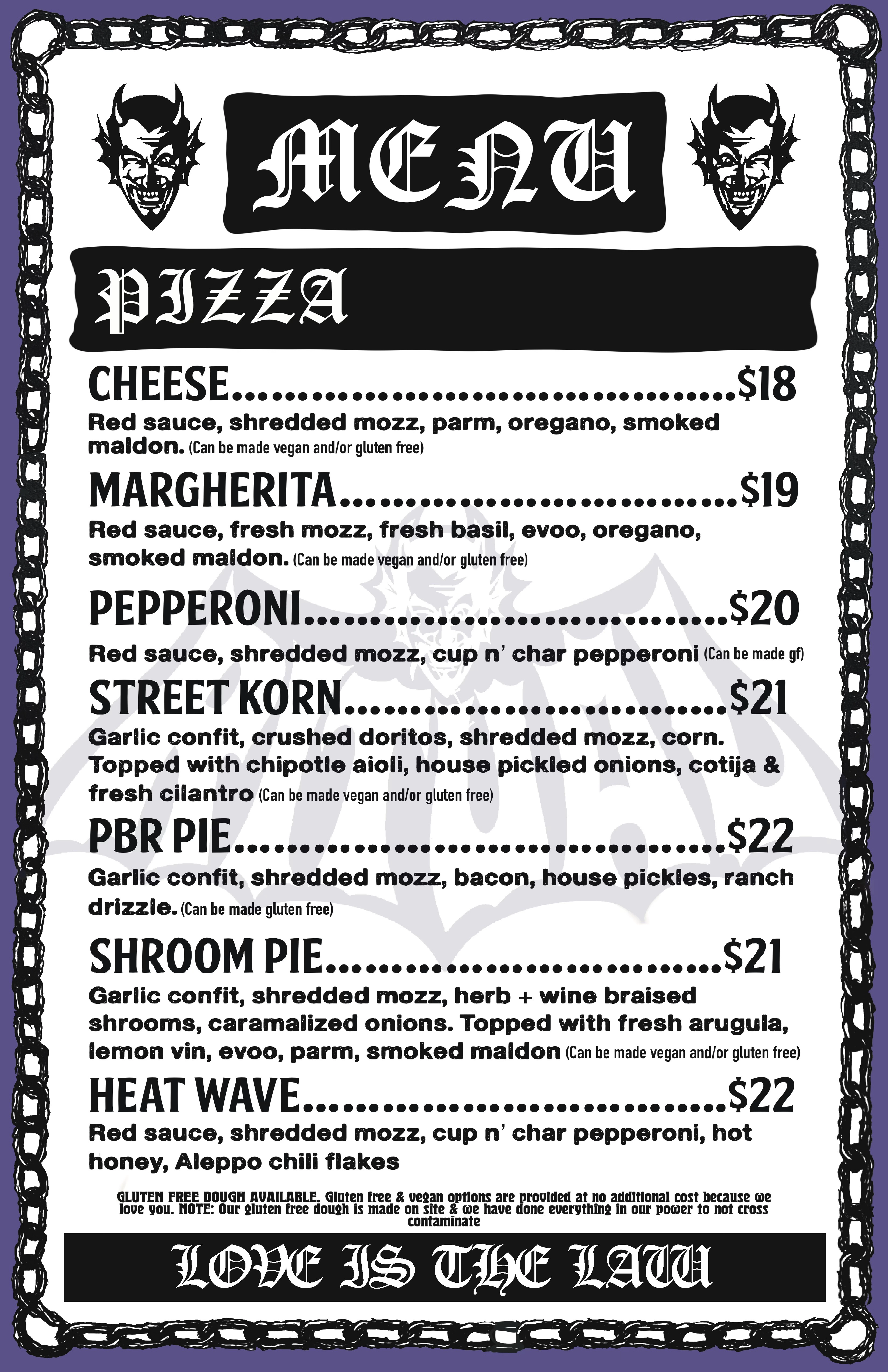 Ritual Pizza menu page 1